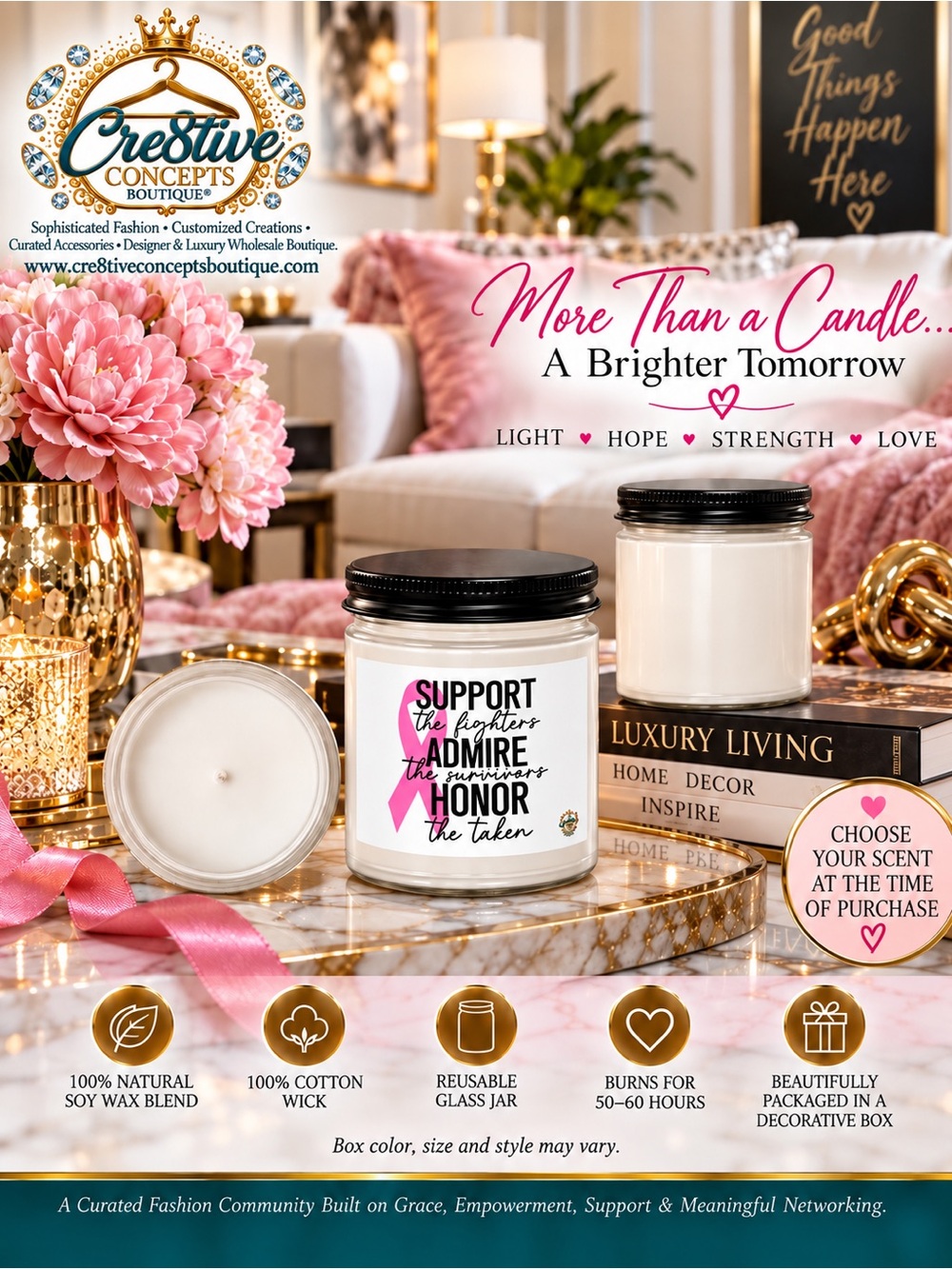 Breast Cancer Awareness, 9 oz Custom Made & Designed Soy Wax Scented-Pick Scent